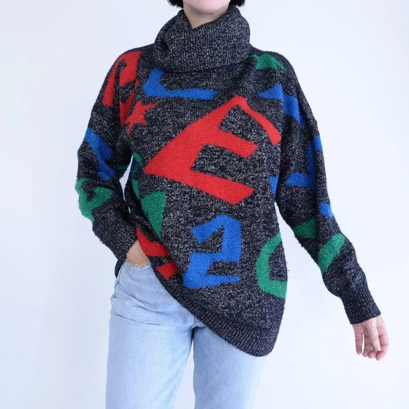 Vintage B. Diffusion 72% Lambswool Black Sparkly Turtleneck Sweater M - Picture 2 of 13